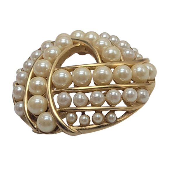 Vintage Gold-Tone Faux Pearl Swirl Brooch Pinback Elegant Design - Picture 5 of 11